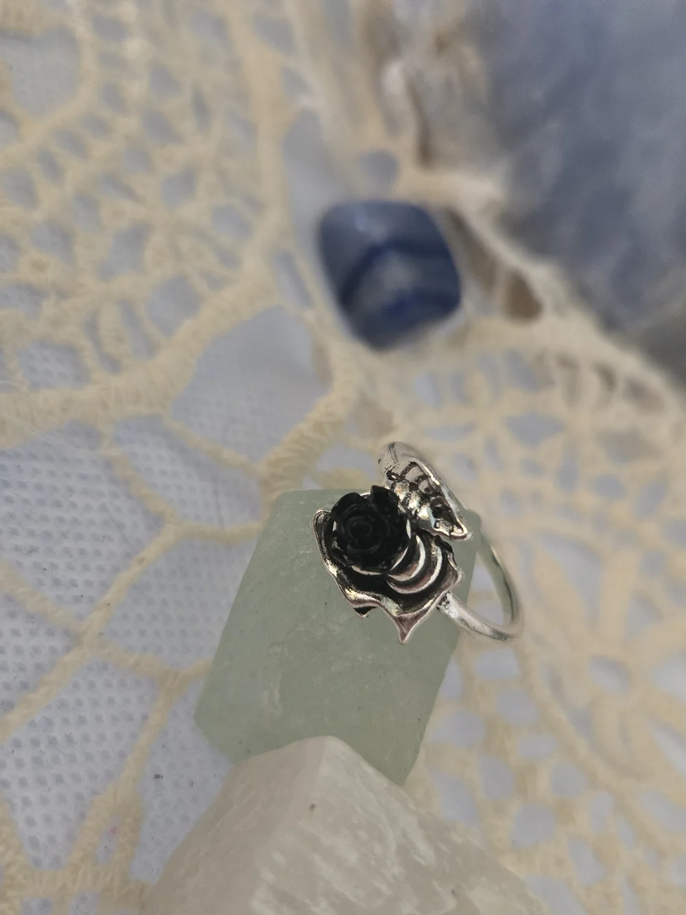 4/$15 Gothic Garden Rose Silver Black Stone Ring Women's Jewelry Sz 7